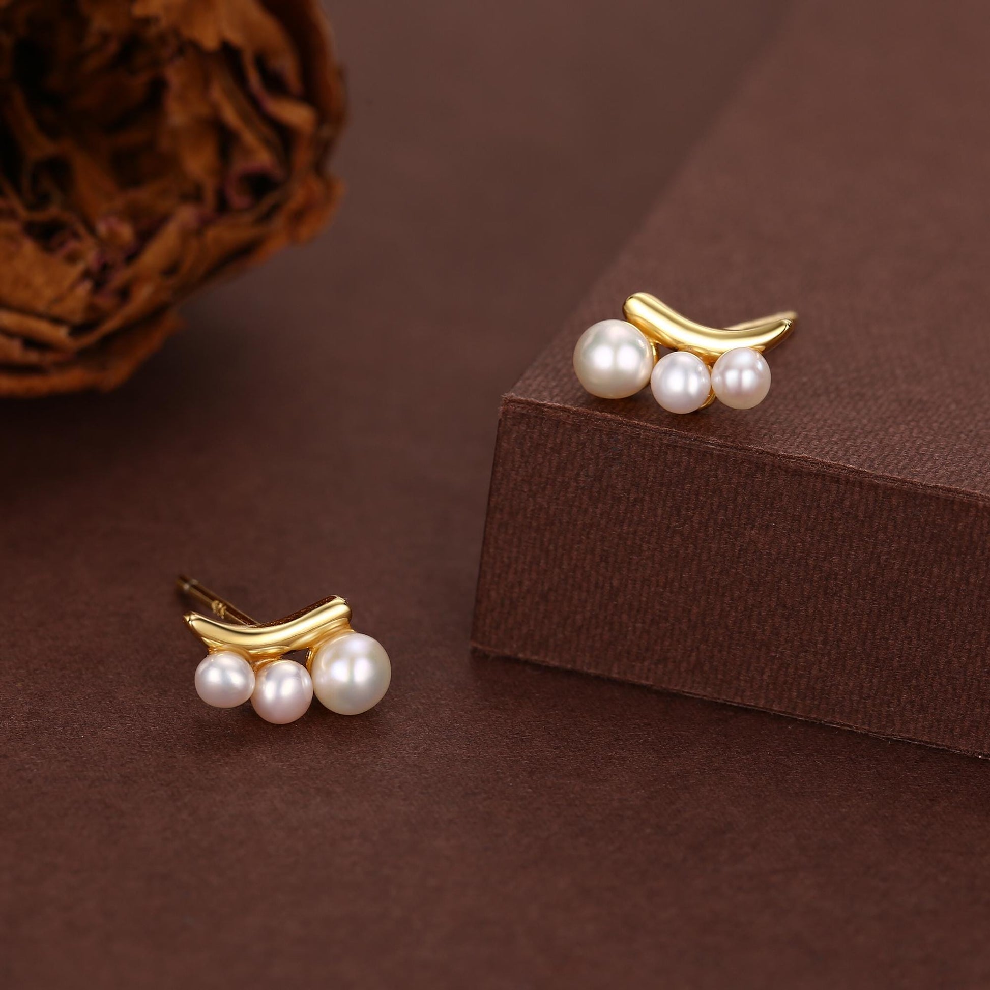 Natural Pearl Trio Stud Earrings in Sterling Silver, Curved Freshwater Pearl Mini Bar Earrings, Silver or Gold or Rose Gold, Pearl Earrings