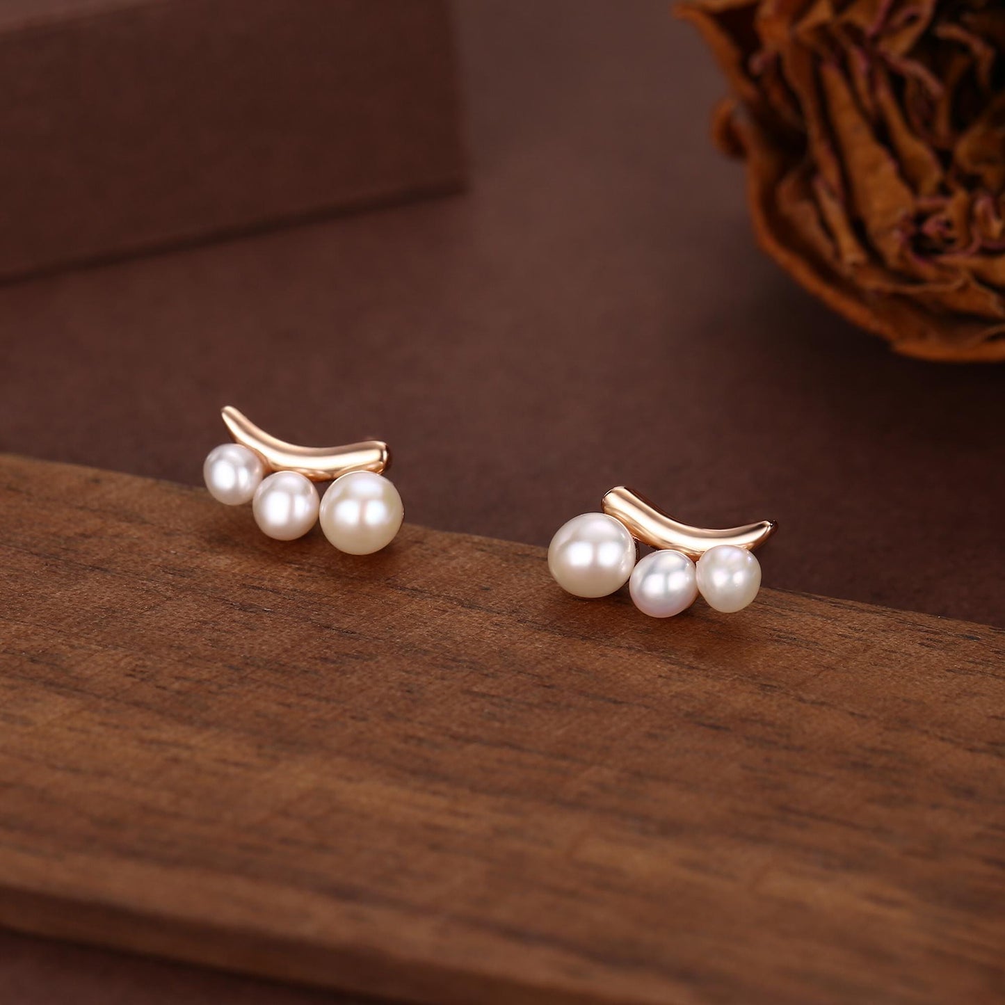 Natural Pearl Trio Stud Earrings in Sterling Silver, Curved Freshwater Pearl Mini Bar Earrings, Silver or Gold or Rose Gold, Pearl Earrings