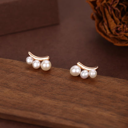 Natural Pearl Trio Stud Earrings in Sterling Silver, Curved Freshwater Pearl Mini Bar Earrings, Silver or Gold or Rose Gold, Pearl Earrings