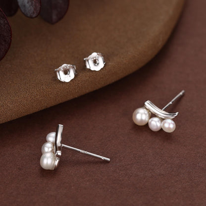 Natural Pearl Trio Stud Earrings in Sterling Silver, Curved Freshwater Pearl Mini Bar Earrings, Silver or Gold or Rose Gold, Pearl Earrings