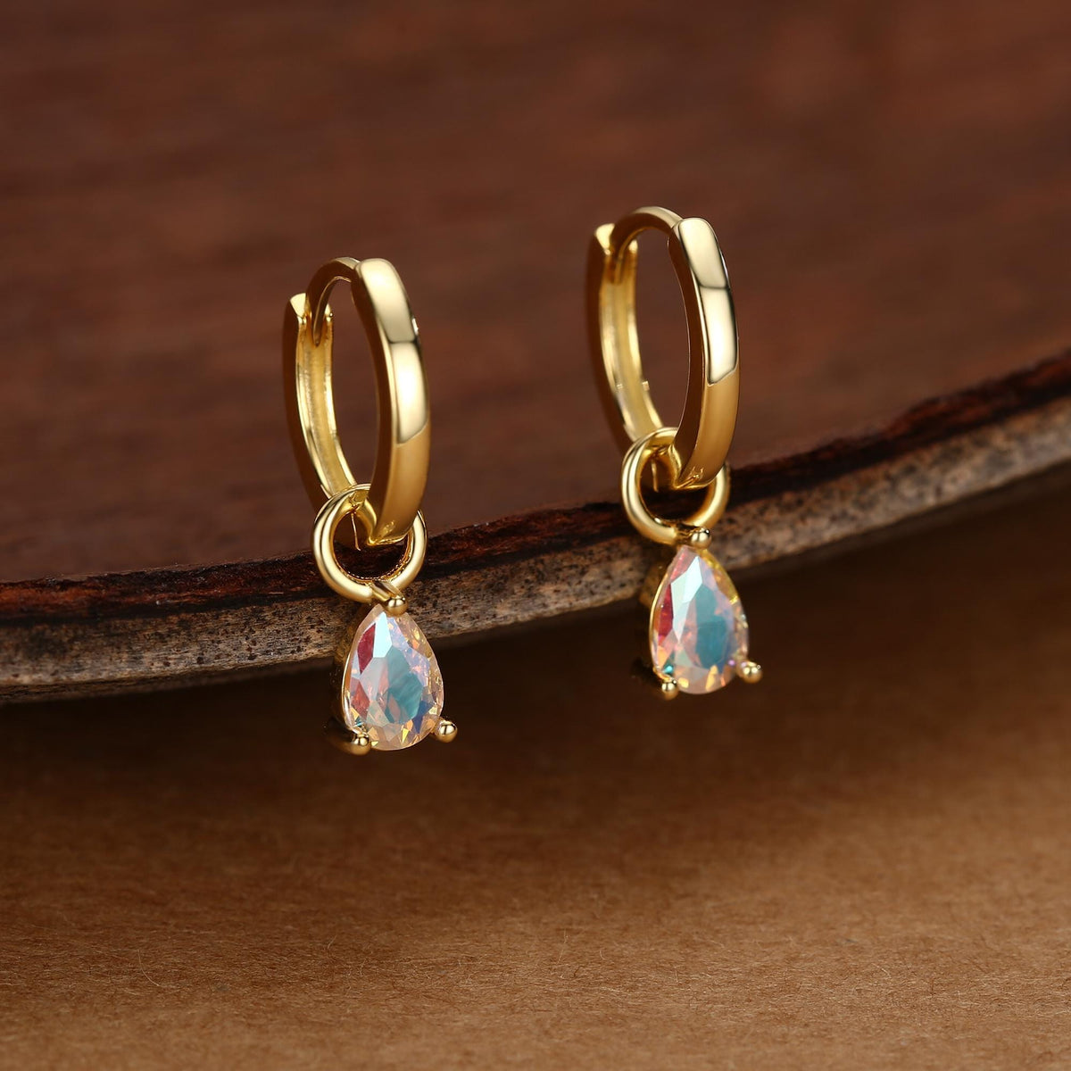 Sterling Silver Aurora AB CZ Droplet Hoop Earrings, Silver, Gold or Rose Gold, Pear Cut Drop Earrings, Interchangeable Charms