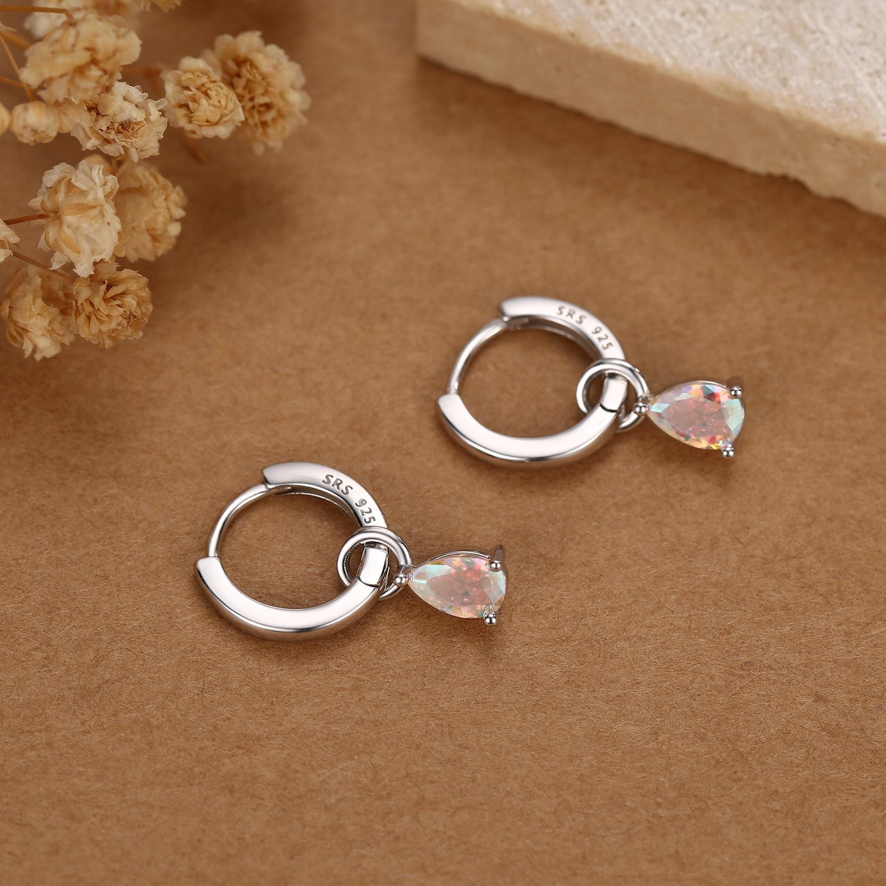 Sterling Silver Aurora AB CZ Droplet Hoop Earrings, Silver, Gold or Rose Gold, Pear Cut Drop Earrings, Interchangeable Charms