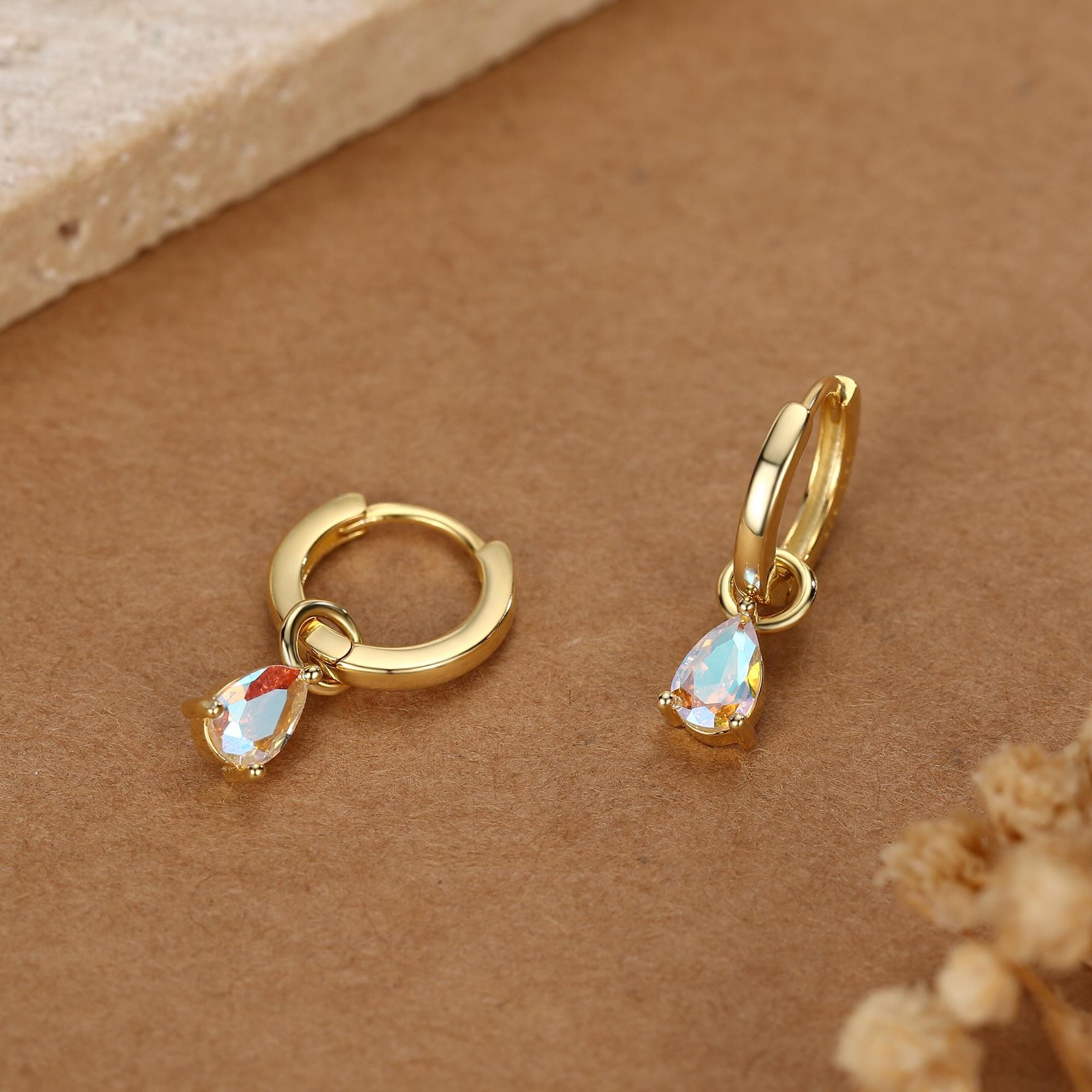 Sterling Silver Aurora AB CZ Droplet Hoop Earrings, Silver, Gold or Rose Gold, Pear Cut Drop Earrings, Interchangeable Charms