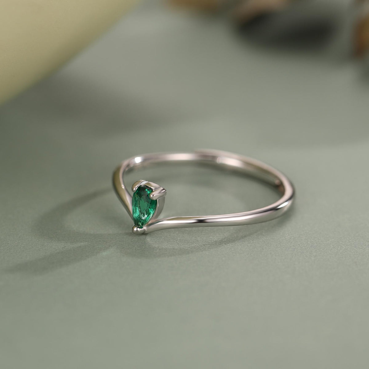 Emerald Green CZ Droplet Chevron Ring in Sterling Silver, 3x5mm, Prong Set Pear Cut V Ring, Adjustable Size, May Birthstone