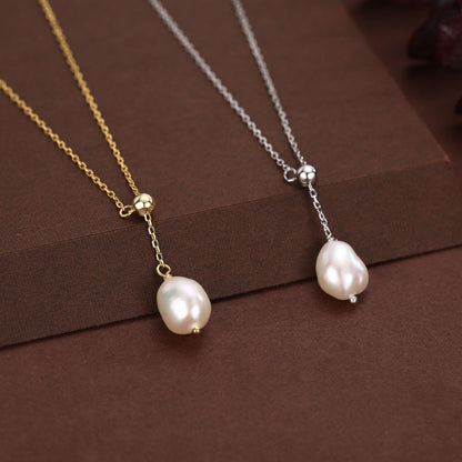 Natural Baroque Pearl Lariat Pendant Necklace in Sterling Silver, Silver or Gold, Minimalist Genuine Freshwater Pearl Y Adjustable Necklace