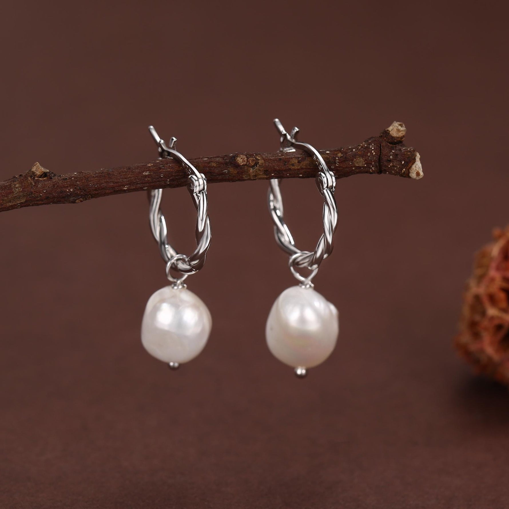 Braided Hoops with Dangling Baroque Pearl Drop Earrings in Sterling Silver