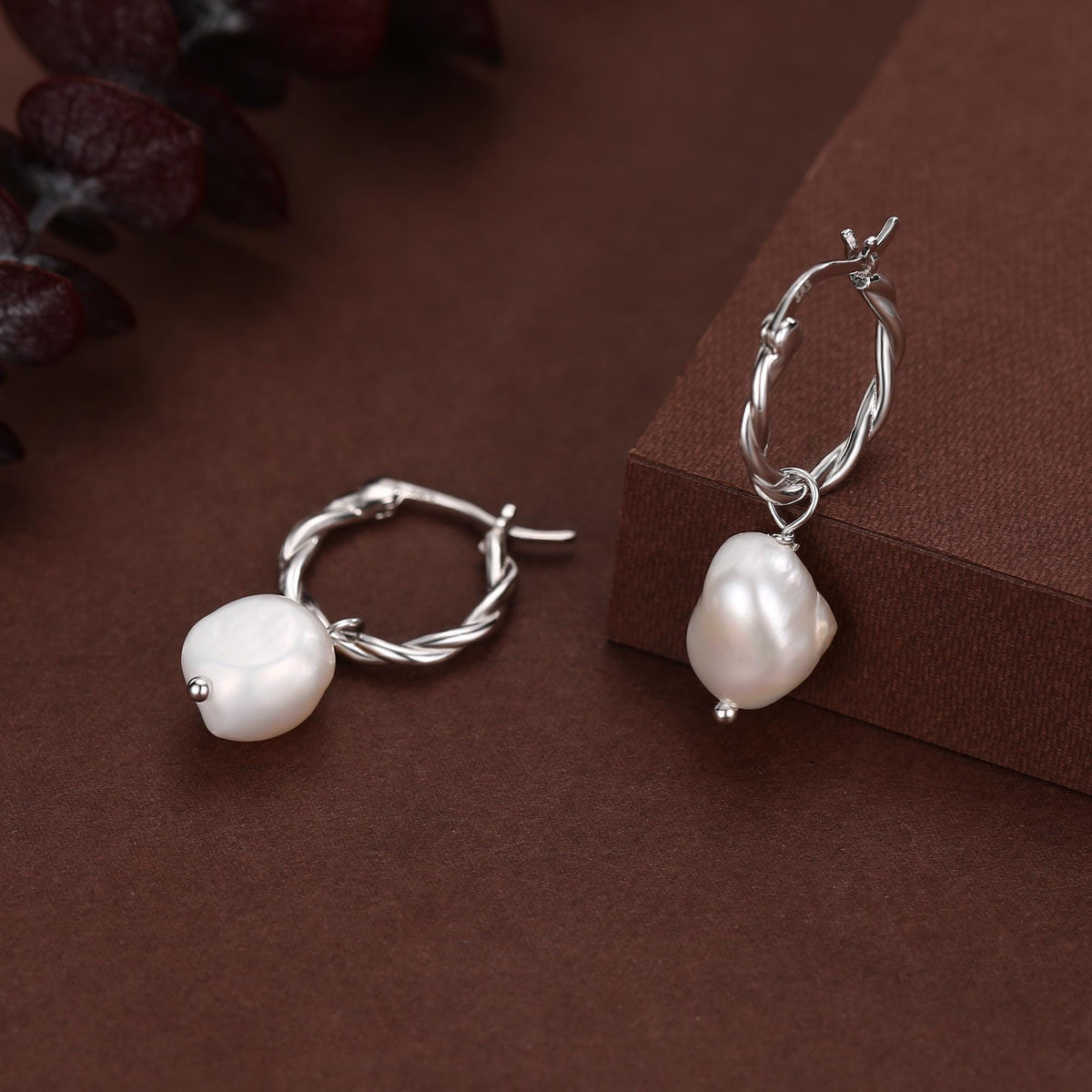 Braided Hoops with Dangling Baroque Pearl Drop Earrings in Sterling Silver