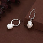 Braided Hoops with Dangling Baroque Pearl Drop Earrings in Sterling Silver
