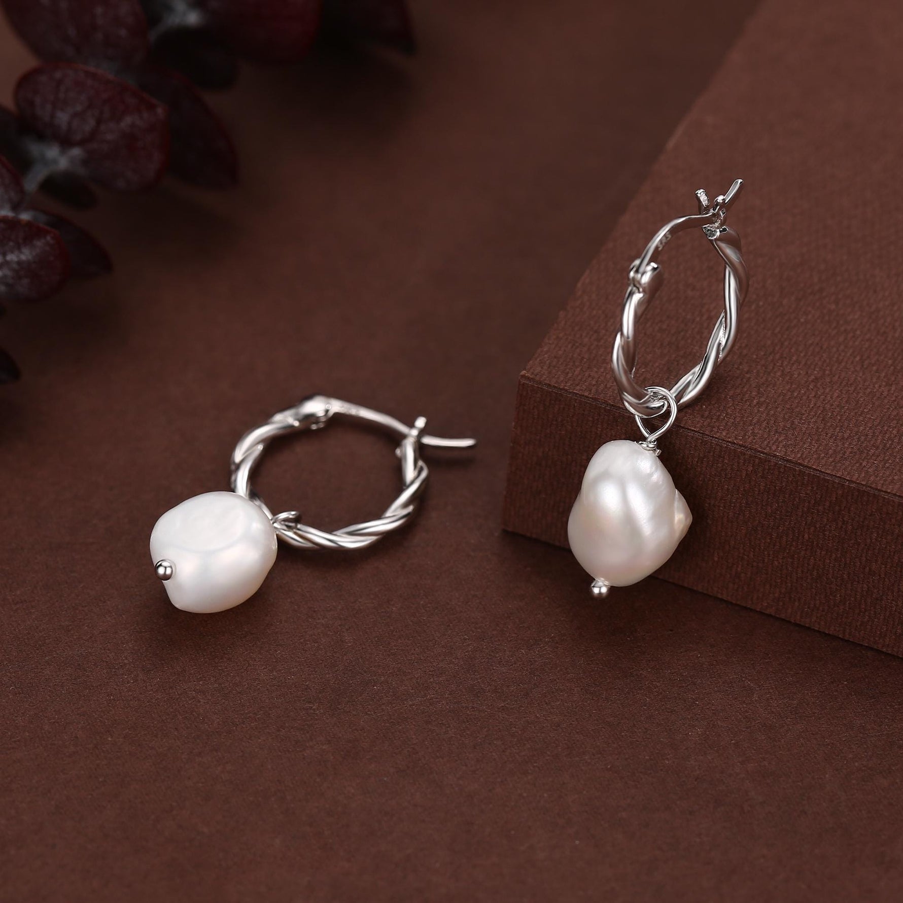 Braided Hoops with Dangling Baroque Pearl Drop Earrings in Sterling Silver