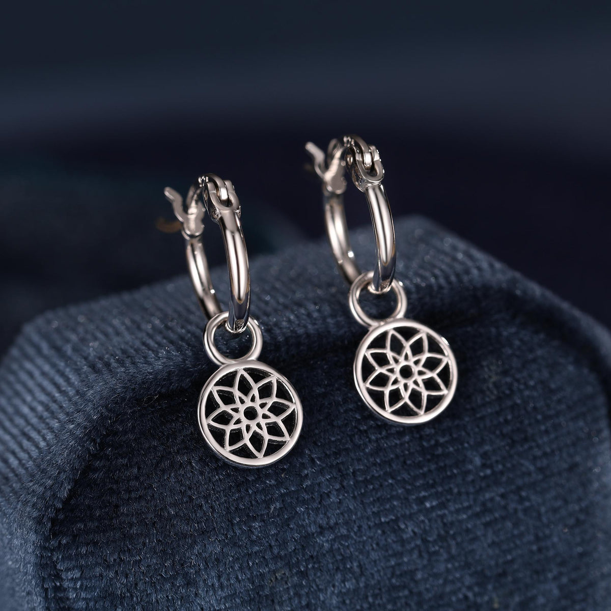 Mandala Flower Disk Dangle Huggie Hoop in Sterling Silver