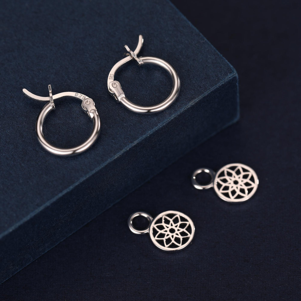Mandala Flower Disk Dangle Huggie Hoop in Sterling Silver