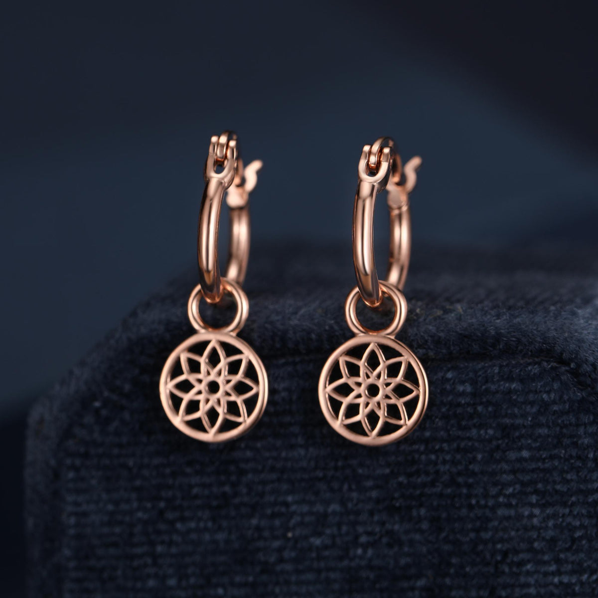 Mandala Flower Disk Dangle Huggie Hoop in Sterling Silver
