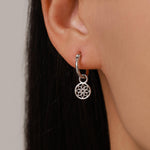 Mandala Flower Disk Dangle Huggie Hoop in Sterling Silver