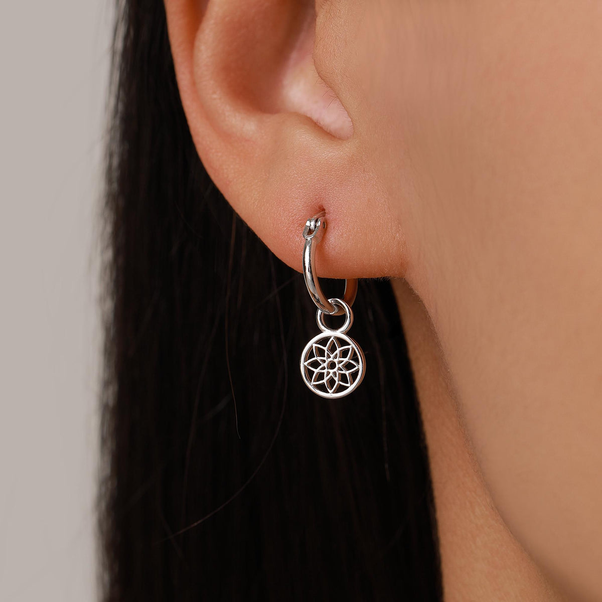 Mandala Flower Disk Dangle Huggie Hoop in Sterling Silver