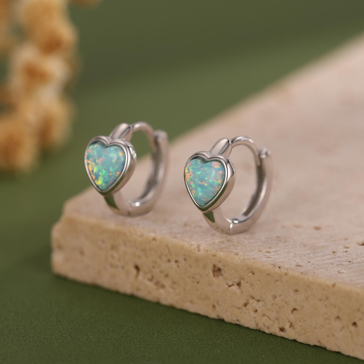 Aqua Green Opal Heart Huggie Hoop Earrings in Sterling Silver, Silver or Gold, Lab Opal Heart Hoops, Blue Opal Heart Hoops