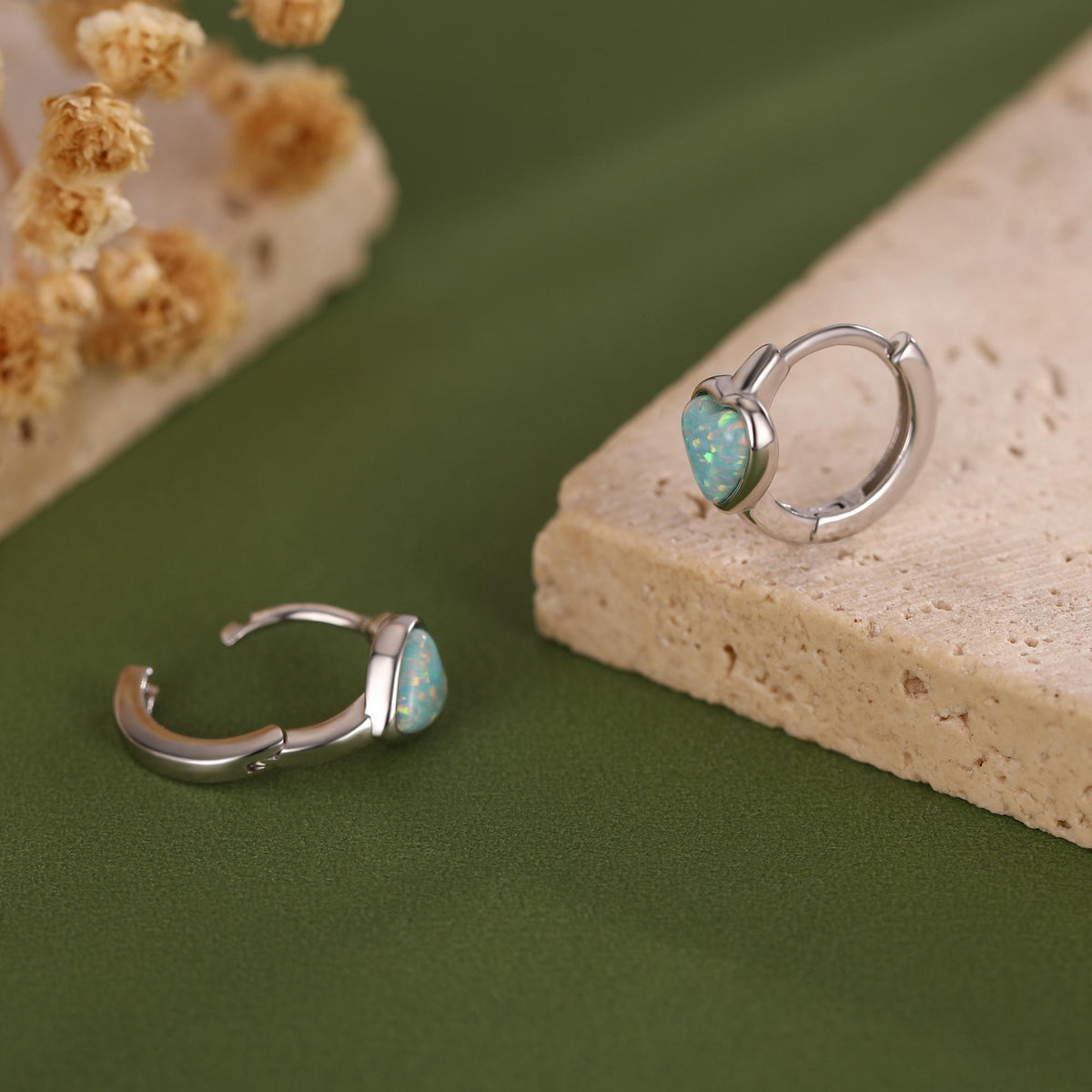 Aqua Green Opal Heart Huggie Hoop Earrings in Sterling Silver, Silver or Gold, Lab Opal Heart Hoops, Blue Opal Heart Hoops