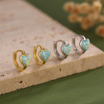 Aqua Green Opal Heart Huggie Hoop Earrings in Sterling Silver, Silver or Gold, Lab Opal Heart Hoops, Blue Opal Heart Hoops