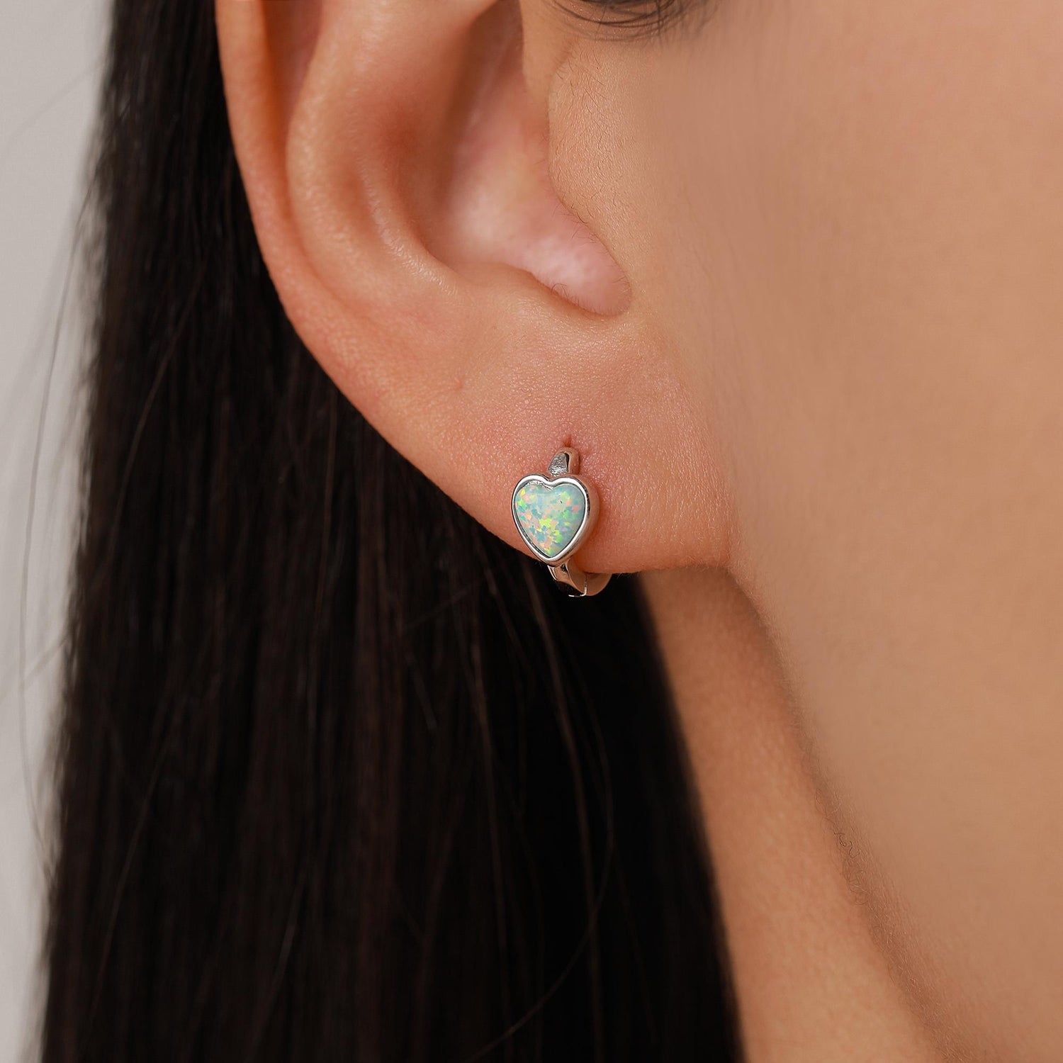 Aqua Green Opal Heart Huggie Hoop Earrings in Sterling Silver, Silver or Gold, Lab Opal Heart Hoops, Blue Opal Heart Hoops