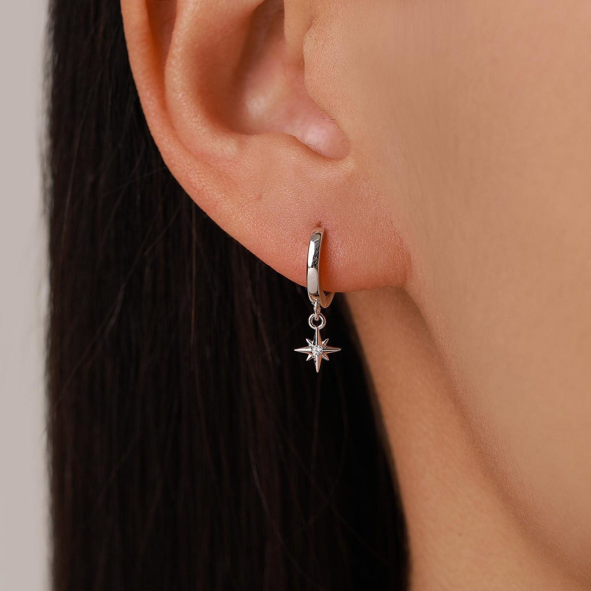 Asymmetric Tiny CZ Starburst Huggie Hoop Earrings in Sterling Silver, Silver, Gold or Rose Gold, North Star Earrings, Sunburst Earrings