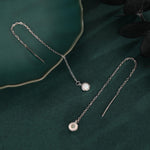 White Opal Dot Long Threader Earrings in Sterling Silver