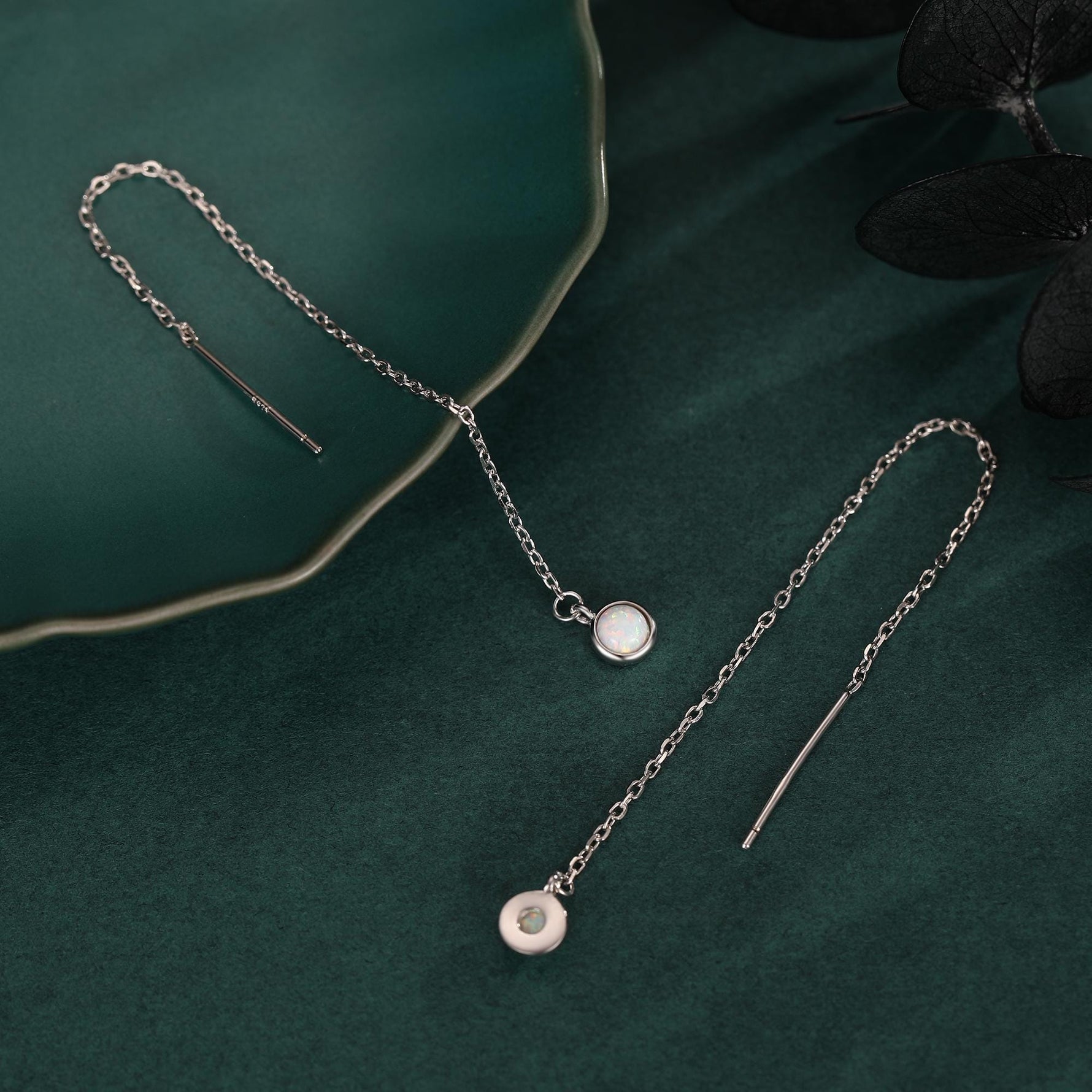 White Opal Dot Long Threader Earrings in Sterling Silver
