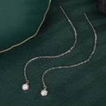 White Opal Dot Long Threader Earrings in Sterling Silver