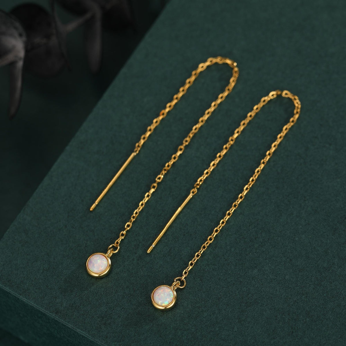 White Opal Dot Long Threader Earrings in Sterling Silver