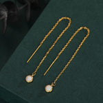 White Opal Dot Long Threader Earrings in Sterling Silver