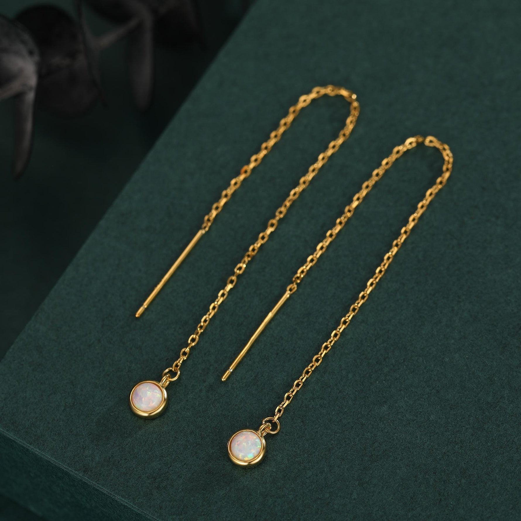 White Opal Dot Long Threader Earrings in Sterling Silver