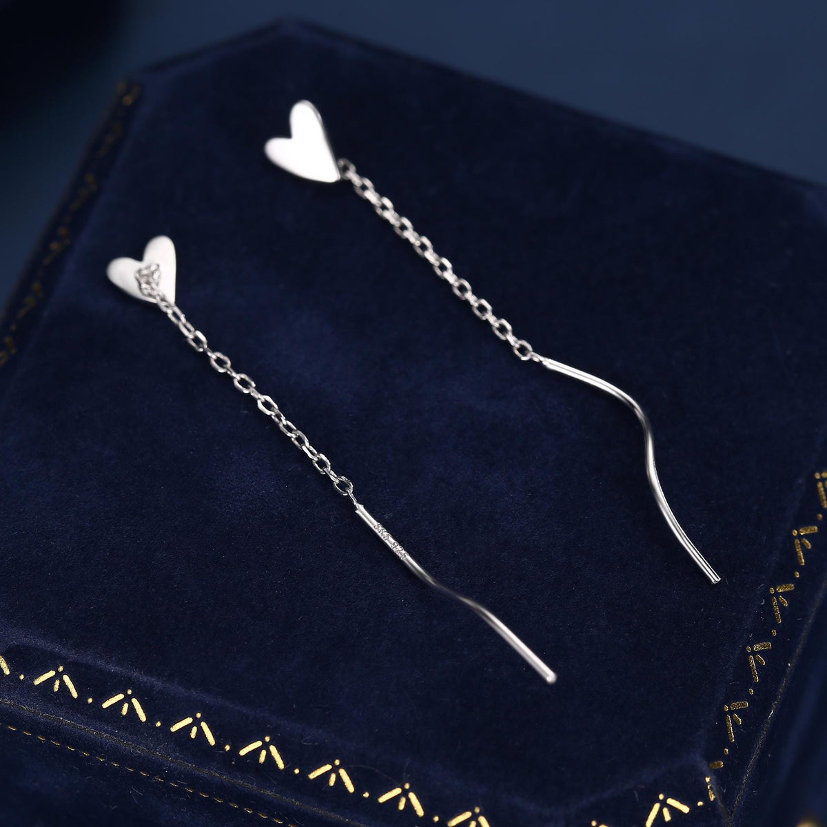 Tiny Heart Threader Earrings in Sterling Silver with Spiral Chains, Silver or Gold or Rose Gold, Heart Ear Threaders, Heart Threaders