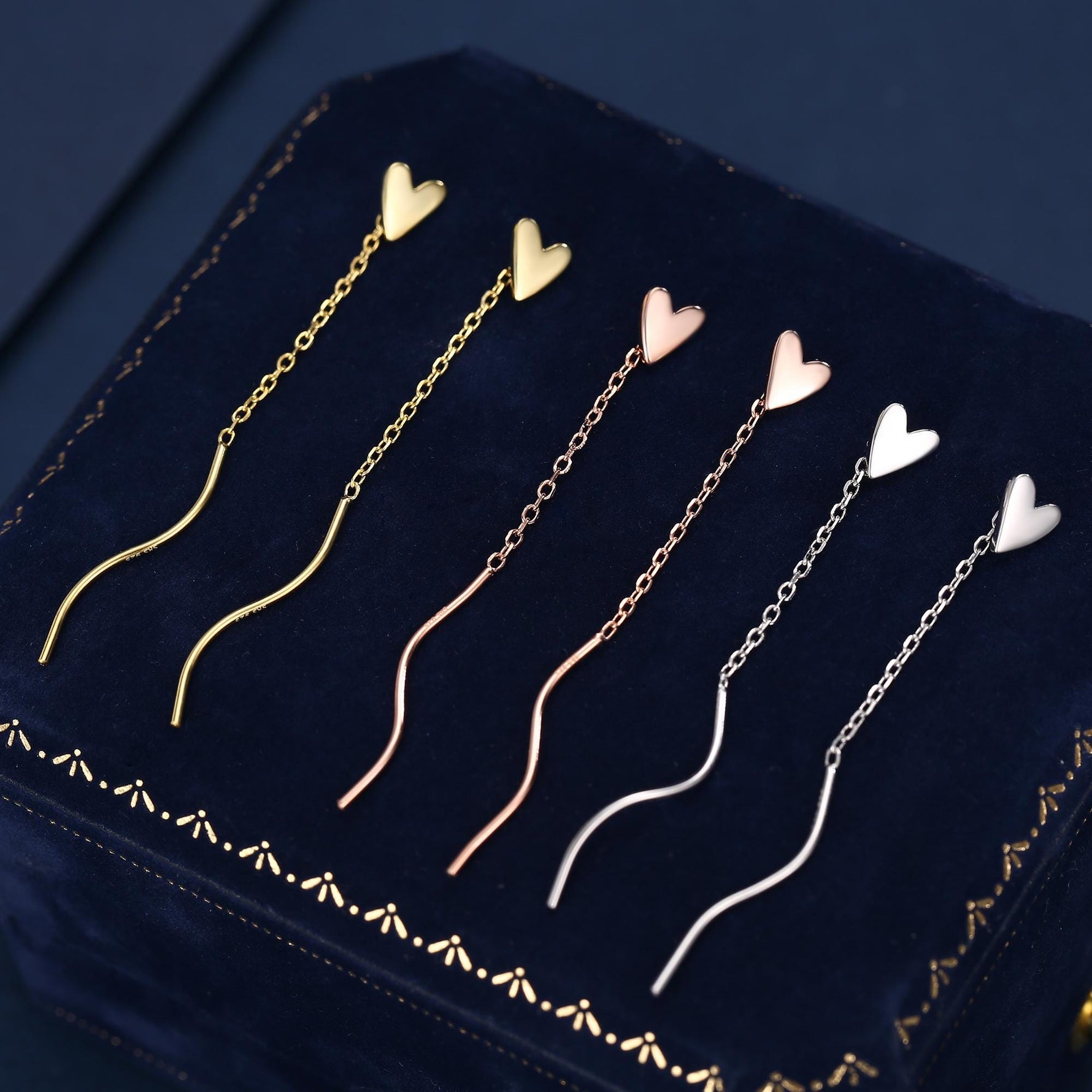 Tiny Heart Threader Earrings in Sterling Silver with Spiral Chains, Silver or Gold or Rose Gold, Heart Ear Threaders, Heart Threaders