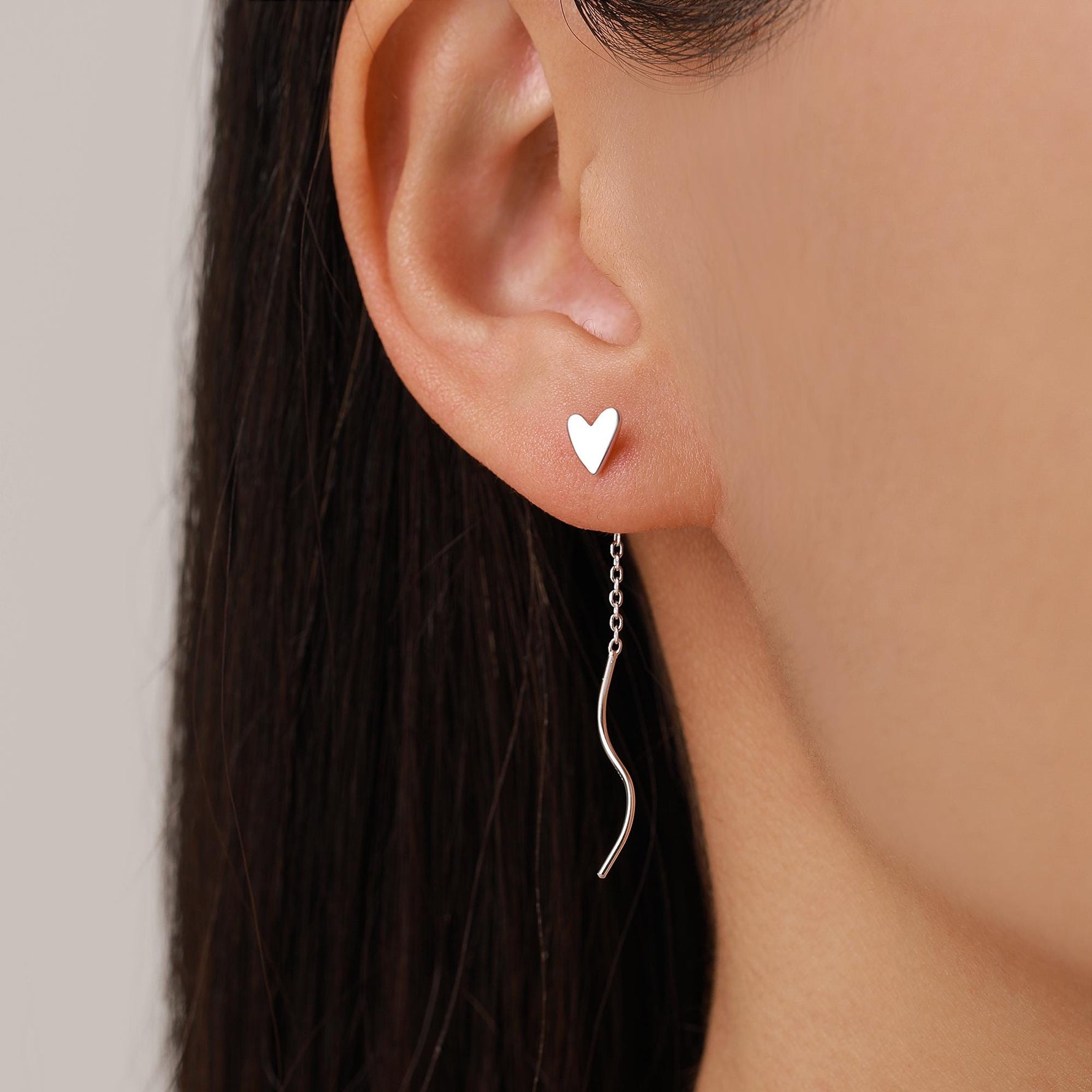 Tiny Heart Threader Earrings in Sterling Silver with Spiral Chains, Silver or Gold or Rose Gold, Heart Ear Threaders, Heart Threaders