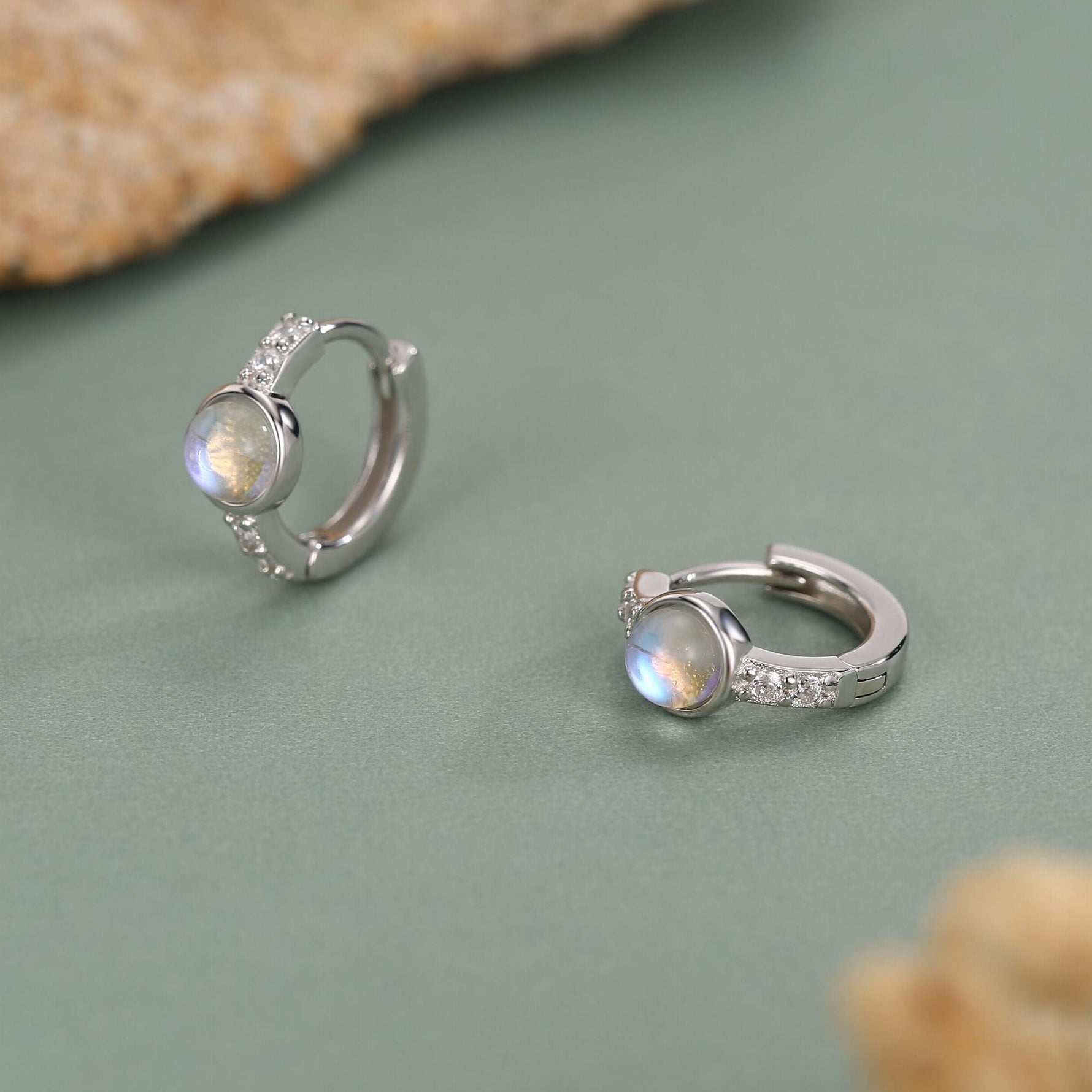 Moonstone CZ Huggie Hoop Earrings in Sterling Silver
