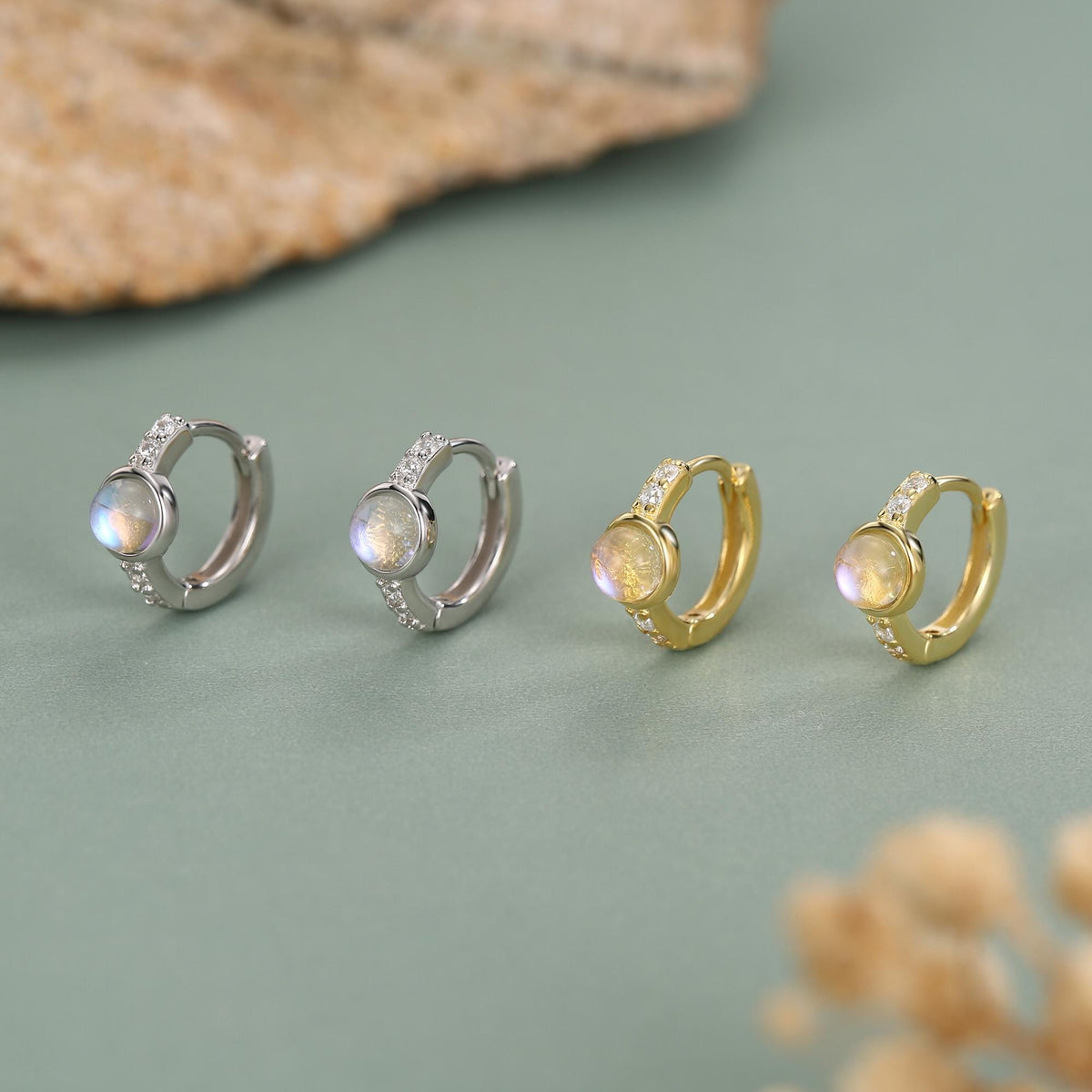 Moonstone CZ Huggie Hoop Earrings in Sterling Silver
