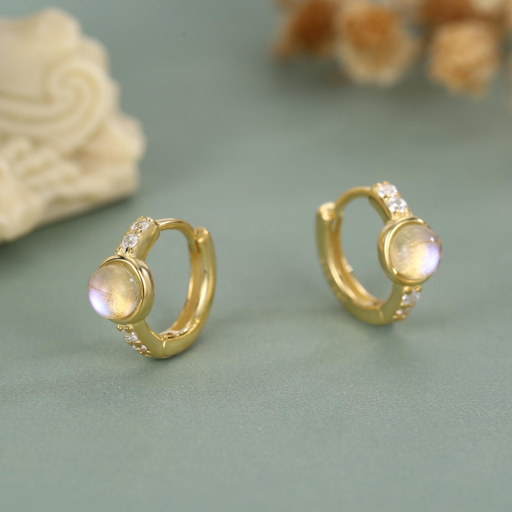 Moonstone CZ Huggie Hoop Earrings in Sterling Silver