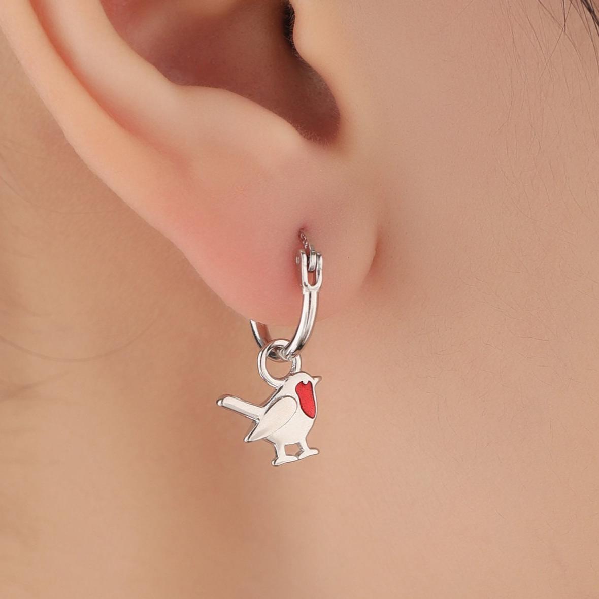 Sterling Silver Robin Bird Dangle Huggie Hoops, Enamel Robin Hoop Earrings, Dainty Dangle Earrings, Robin Bird Earrings, Detachable Charms