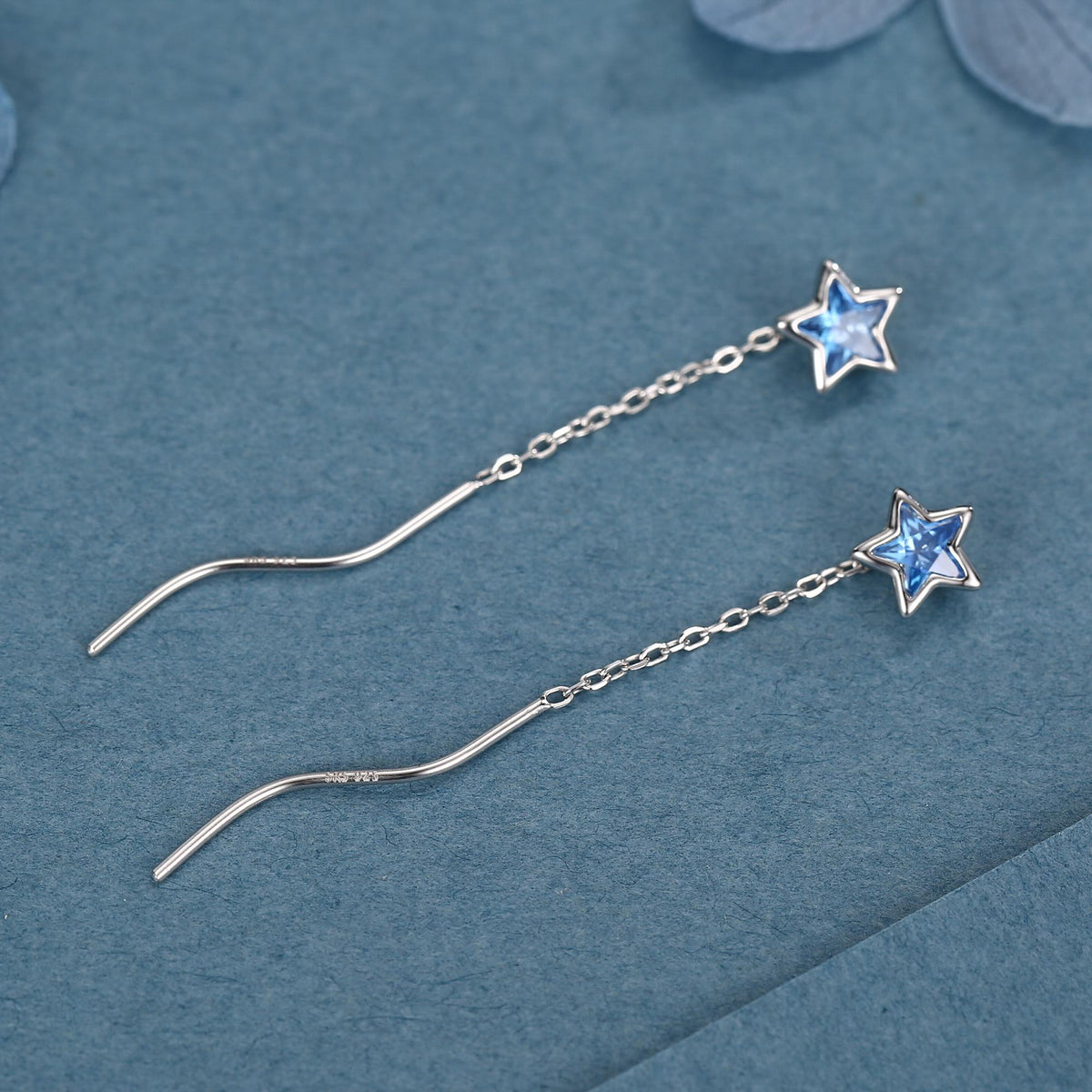 Aquamarine Blue Star Bezel CZ Crystal Threader Earrings in Sterling Silver, Silver or Gold, Minimalist Star Cut Ear Threaders