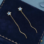 Aquamarine Blue Star Bezel CZ Crystal Threader Earrings in Sterling Silver, Silver or Gold, Minimalist Star Cut Ear Threaders