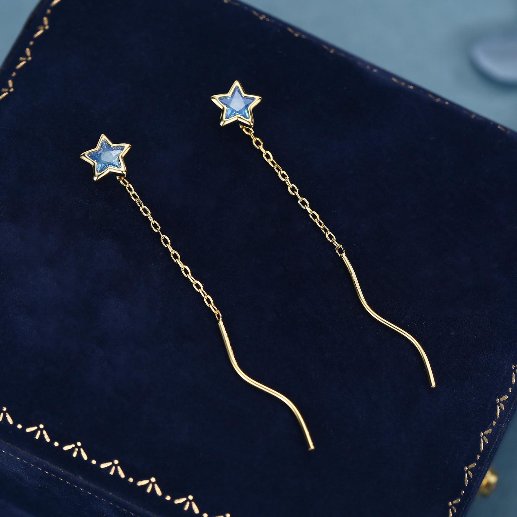 Aquamarine Blue Star Bezel CZ Crystal Threader Earrings in Sterling Silver, Silver or Gold, Minimalist Star Cut Ear Threaders