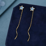 Aquamarine Blue Star Bezel CZ Crystal Threader Earrings in Sterling Silver, Silver or Gold, Minimalist Star Cut Ear Threaders