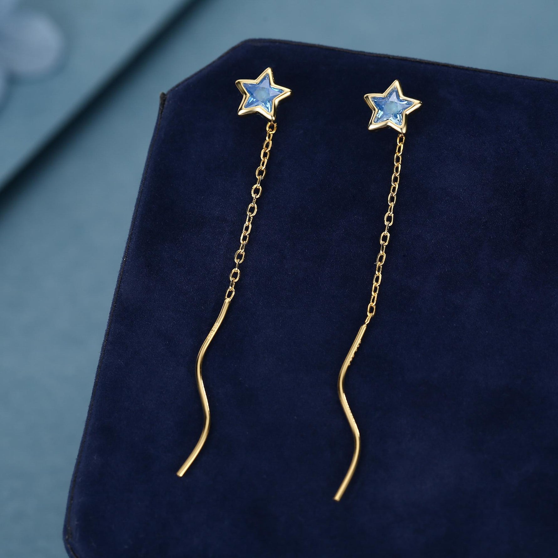 Aquamarine Blue Star Bezel CZ Crystal Threader Earrings in Sterling Silver, Silver or Gold, Minimalist Star Cut Ear Threaders