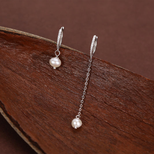 Asymmetric Natural Freshwater Pearl Huggie Hoops Earrings in Sterling Silver with CZ Crystals, Genuine Freshwater Pearls, Silver or Gold