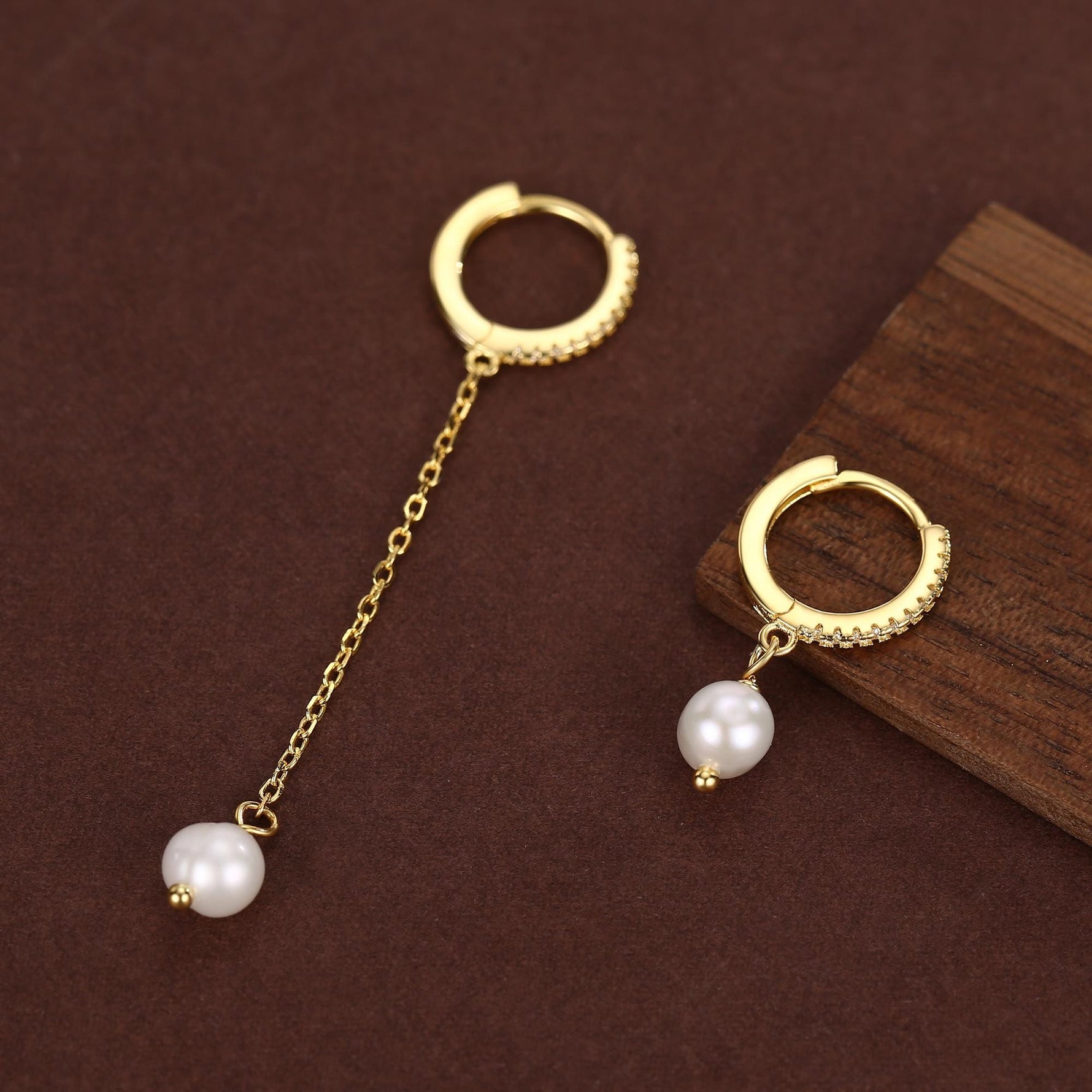 Asymmetric Natural Freshwater Pearl Huggie Hoops Earrings in Sterling Silver