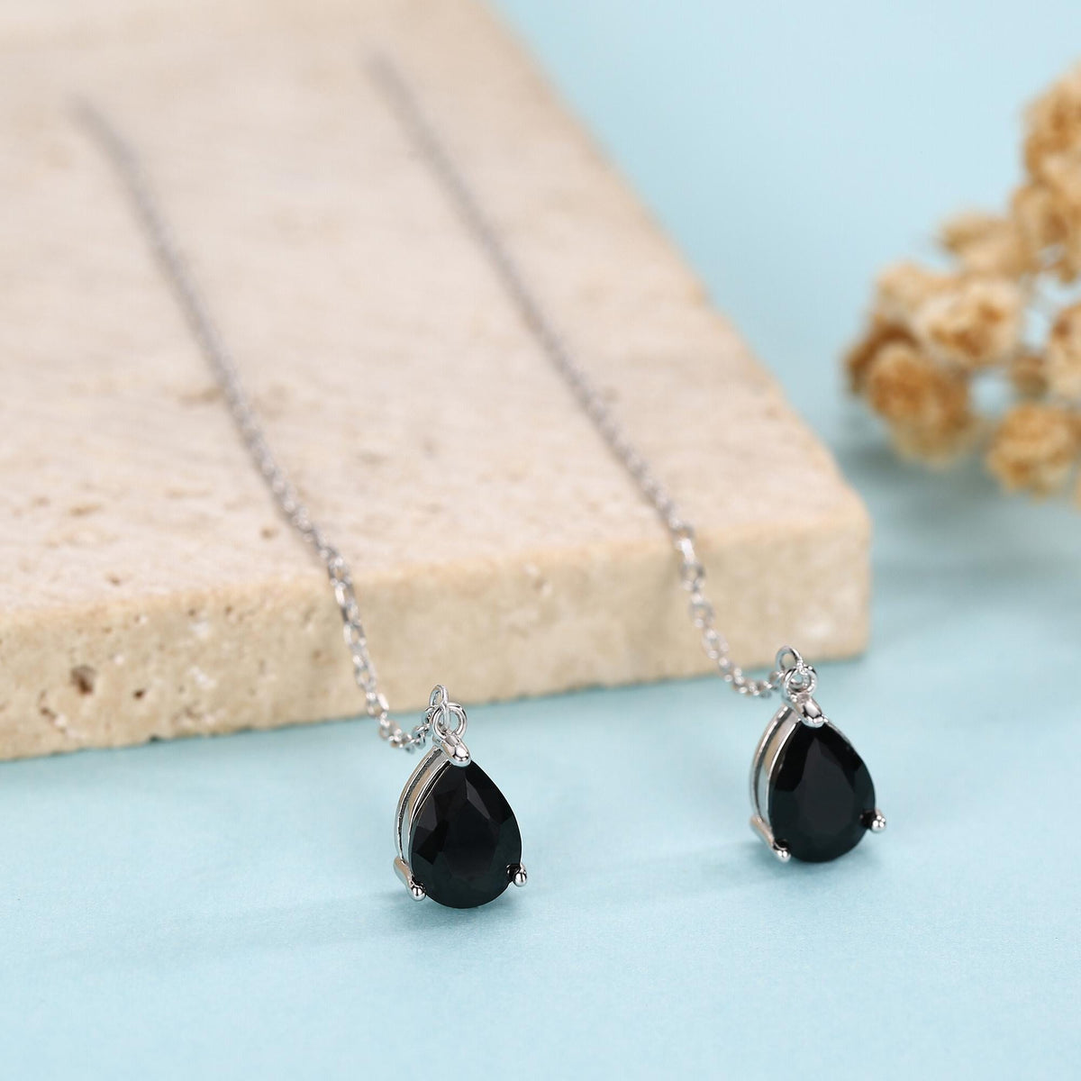 Black CZ Droplet Threader Earrings in Sterling Silver, Silver or Gold, 5x7mm Pear Cut CZ Long Ear Threaders, Sparkly CZ Threaders