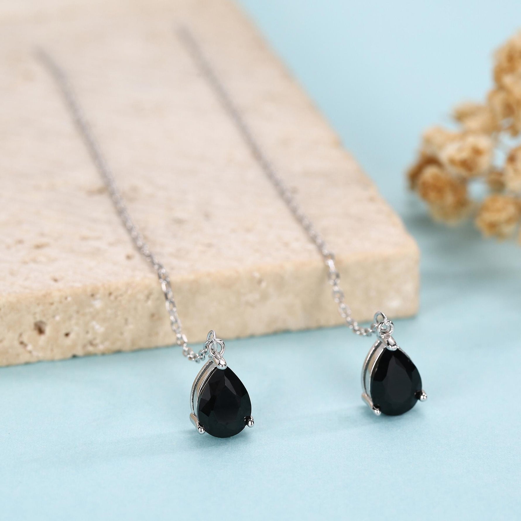Black CZ Droplet Threader Earrings in Sterling Silver, Silver or Gold, 5x7mm Pear Cut CZ Long Ear Threaders, Sparkly CZ Threaders