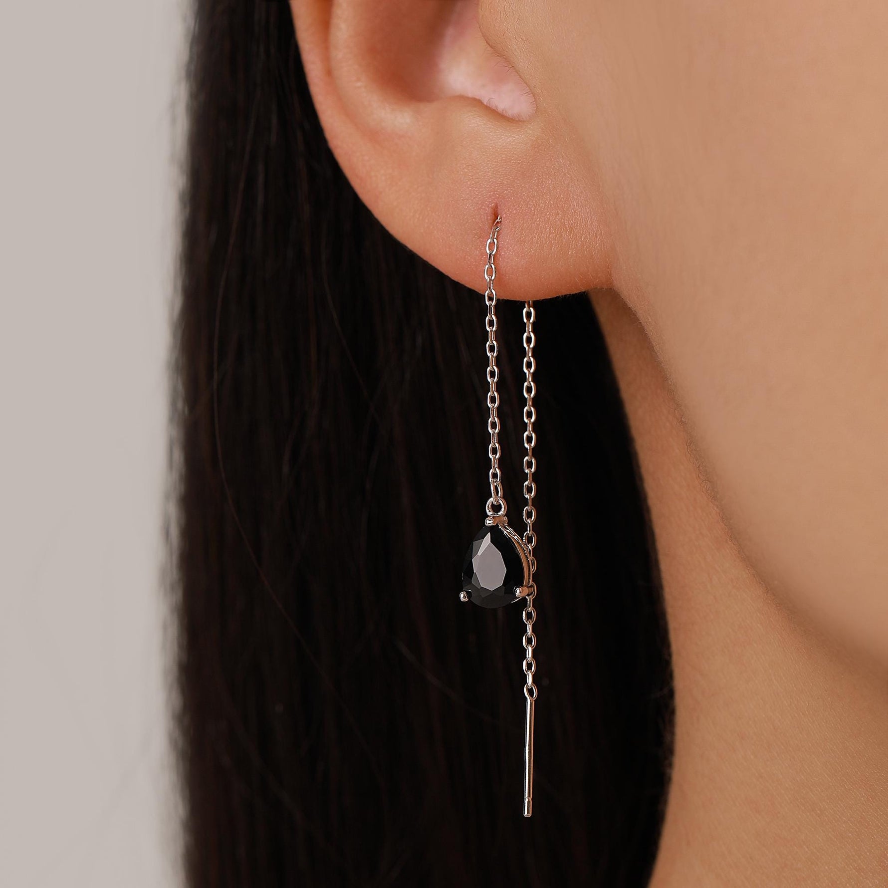 Black CZ Droplet Threader Earrings in Sterling Silver, Silver or Gold, 5x7mm Pear Cut CZ Long Ear Threaders, Sparkly CZ Threaders