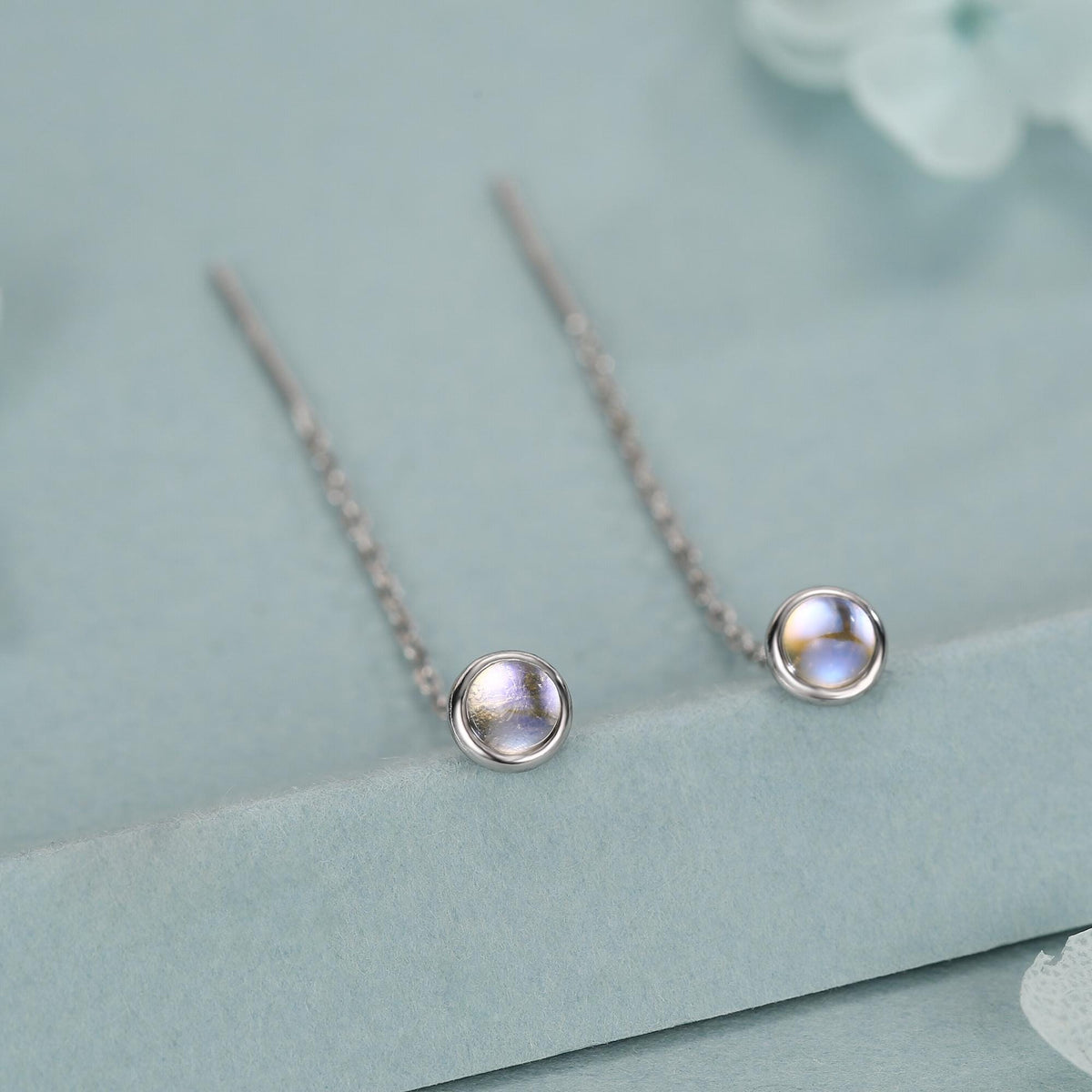 4mm Simulated Moonstone Dot Threader Earrings in Sterling Silver, Lab Moonstone Pull Through Ear Threaders, Silver or Gold, Chain Earrings