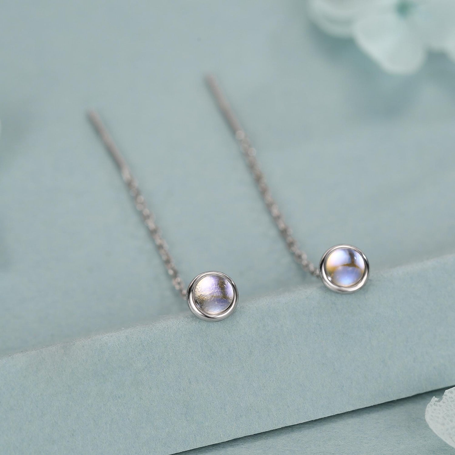 4mm Simulated Moonstone Dot Threader Earrings in Sterling Silver, Lab Moonstone Pull Through Ear Threaders, Silver or Gold, Chain Earrings