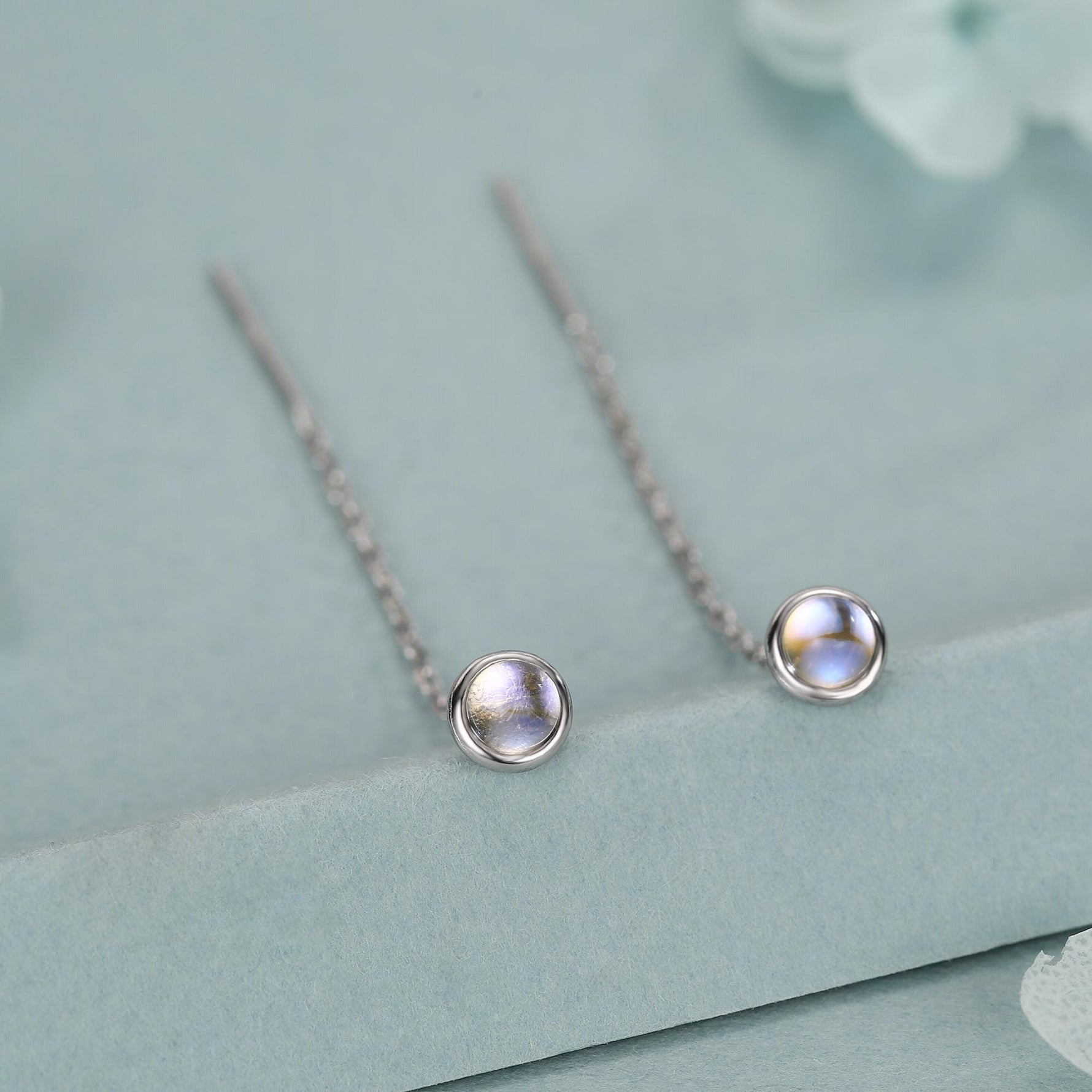 4mm Simulated Moonstone Dot Threader Earrings in Sterling Silver, Lab Moonstone Pull Through Ear Threaders, Silver or Gold, Chain Earrings