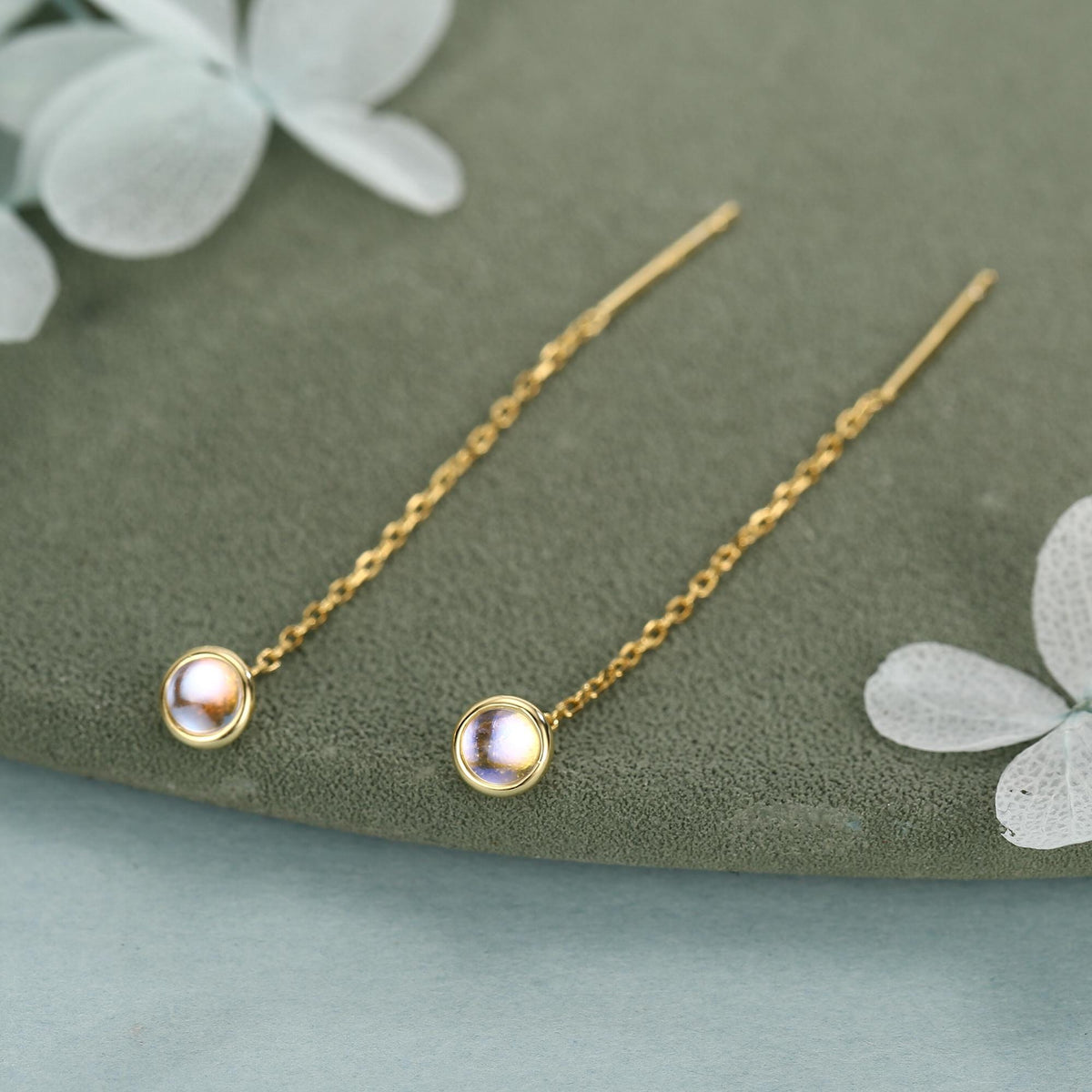 4mm Simulated Moonstone Dot Threader Earrings in Sterling Silver, Lab Moonstone Pull Through Ear Threaders, Silver or Gold, Chain Earrings